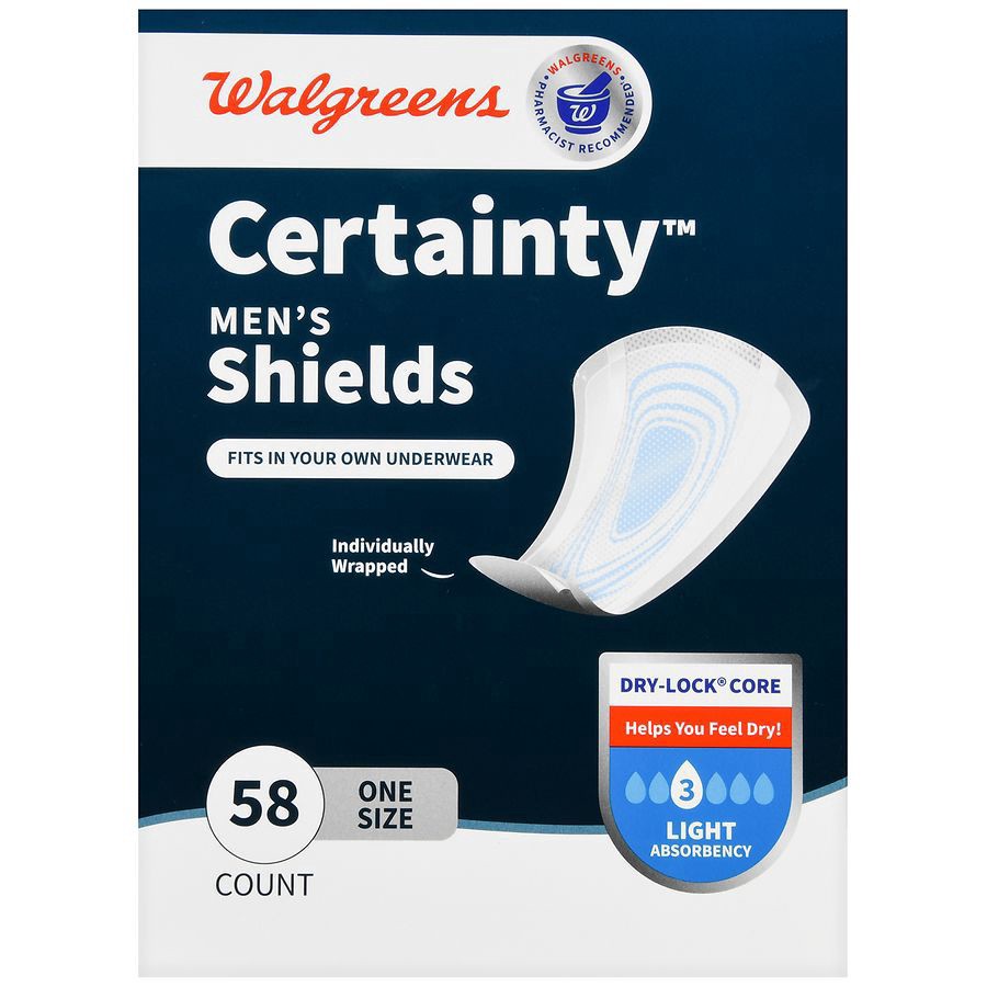 slide 3 of 5, Walgreens Incontinence Shields for Men, Moderate Absorbency, 58 ct