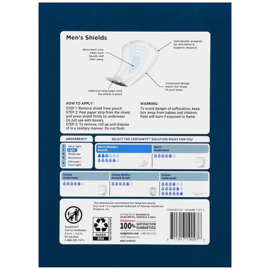 slide 4 of 5, Walgreens Incontinence Shields for Men, Moderate Absorbency, 58 ct