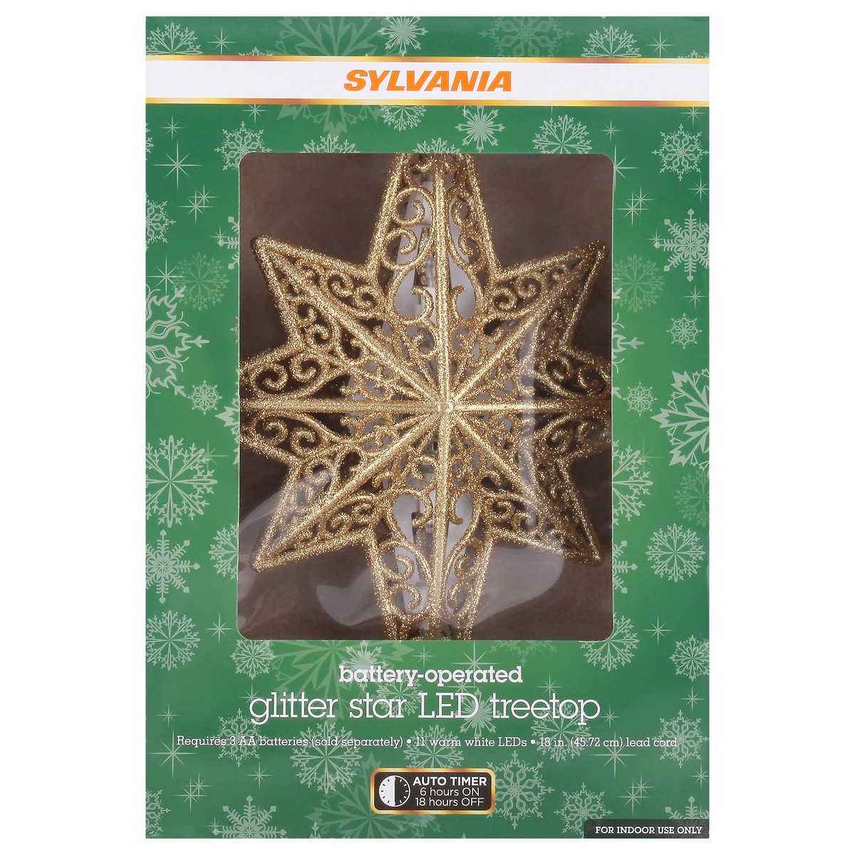 slide 3 of 12, Sylvania Gold Glitter Battery Operated with Timer Pointed Tree Topper Star Light - Each, 1 ct