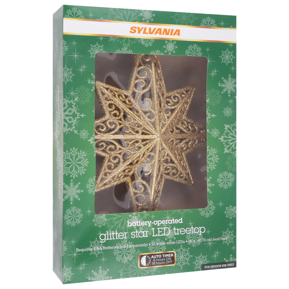 slide 7 of 12, Sylvania Gold Glitter Battery Operated with Timer Pointed Tree Topper Star Light - Each, 1 ct