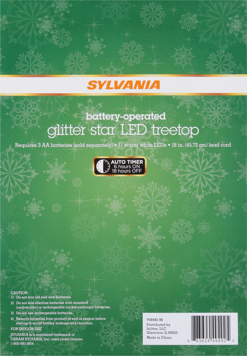 slide 9 of 12, Sylvania Gold Glitter Battery Operated with Timer Pointed Tree Topper Star Light - Each, 1 ct