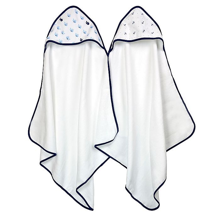 slide 1 of 2, Just Born Whale and Anchor Hooded Towels - White/Navy, 2 ct