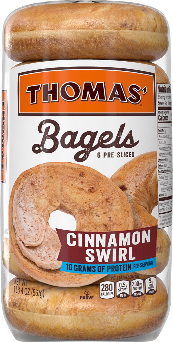 slide 6 of 14, Thomas' Cinnamon Swirl Bagels, 6 count, 20 oz, 6 ct