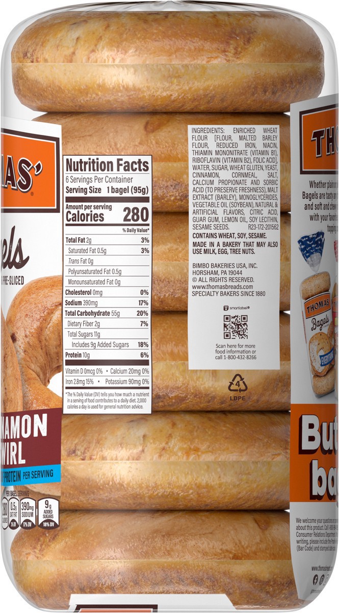 slide 7 of 14, Thomas' Cinnamon Swirl Bagels, 6 count, 20 oz, 6 ct