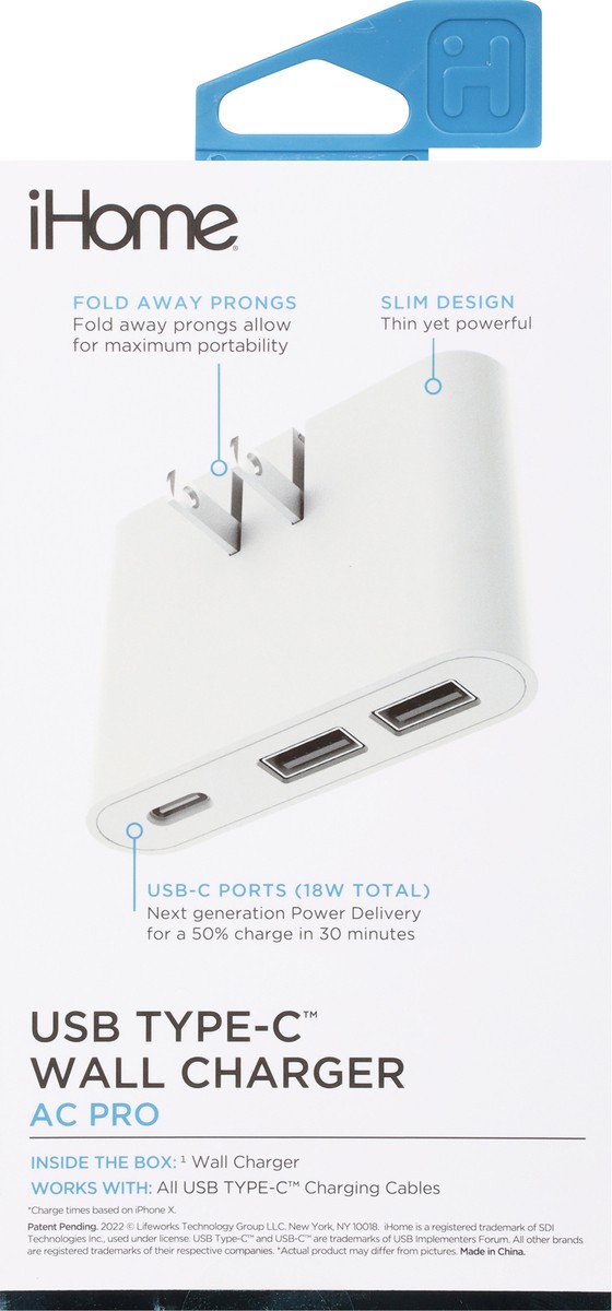 slide 9 of 9, iHome 30 Watts Power Delivery USB Type-C Wall Charger 1 ea, 1 ct