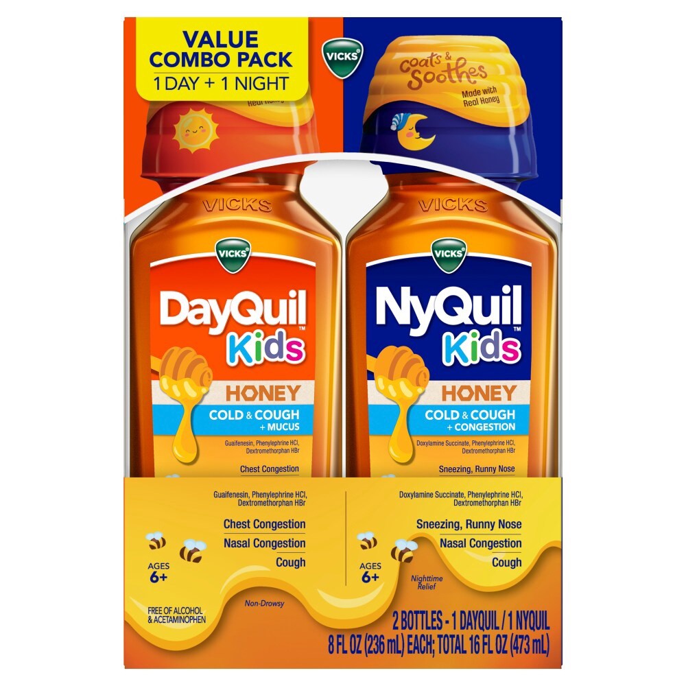 slide 1 of 1, VICKS Kids DayQuil & NyQuil Honey Cold & Cough + Congestion Relief Co-Pack for Nighttime & Daytime Cough & Congestion, Flavored with Real Honey, For Children Ages 6+, 2 - 8 OZ Bottles, 2 ct