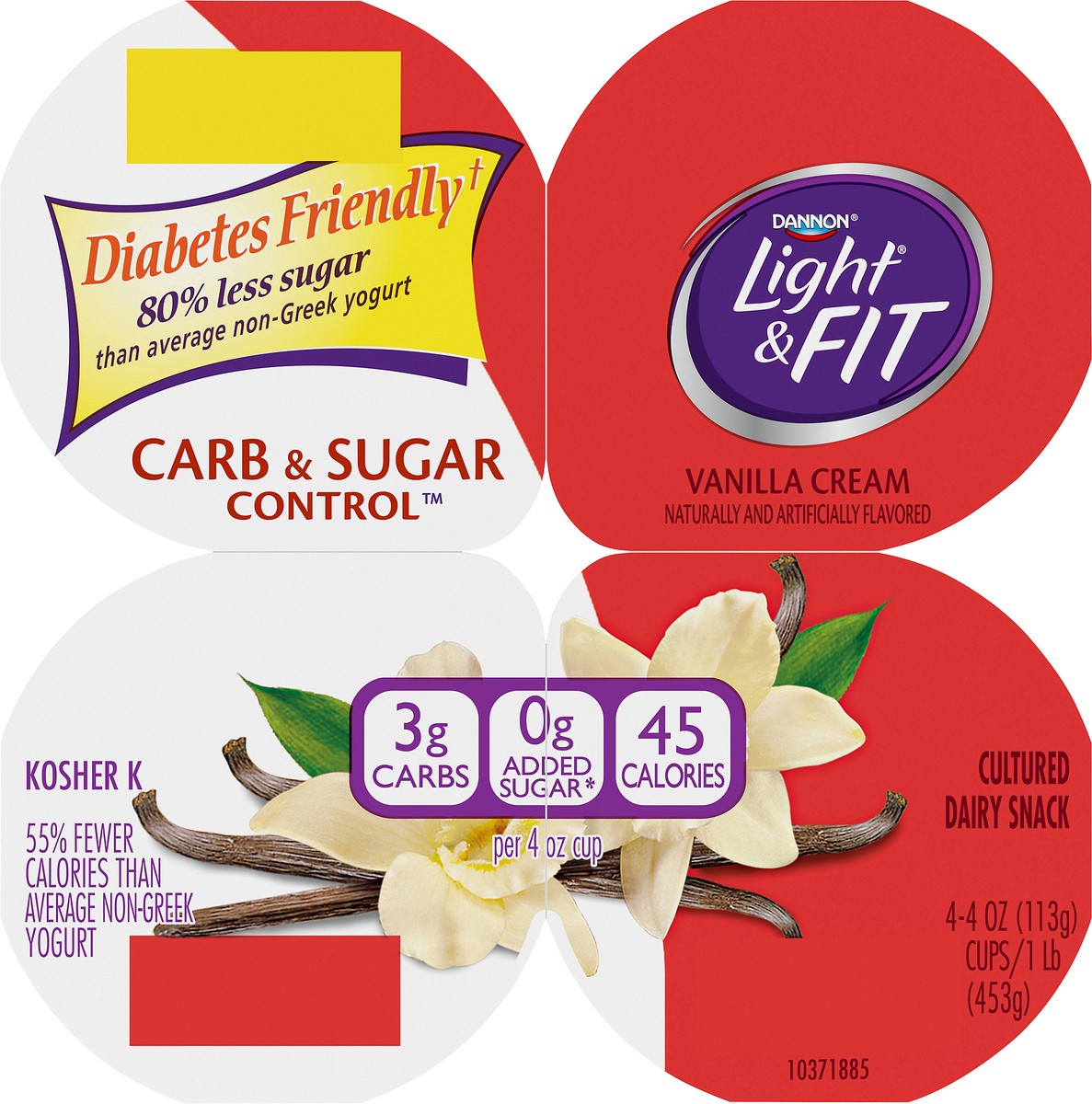 slide 2 of 8, Light + Fit Dannon Light + Fit Carb & Sugar Control Cultured Dairy Snack, Vanilla Cream, Gluten-Free, 0g Added Sugar*, 4 oz., 4 Pack, 4 oz