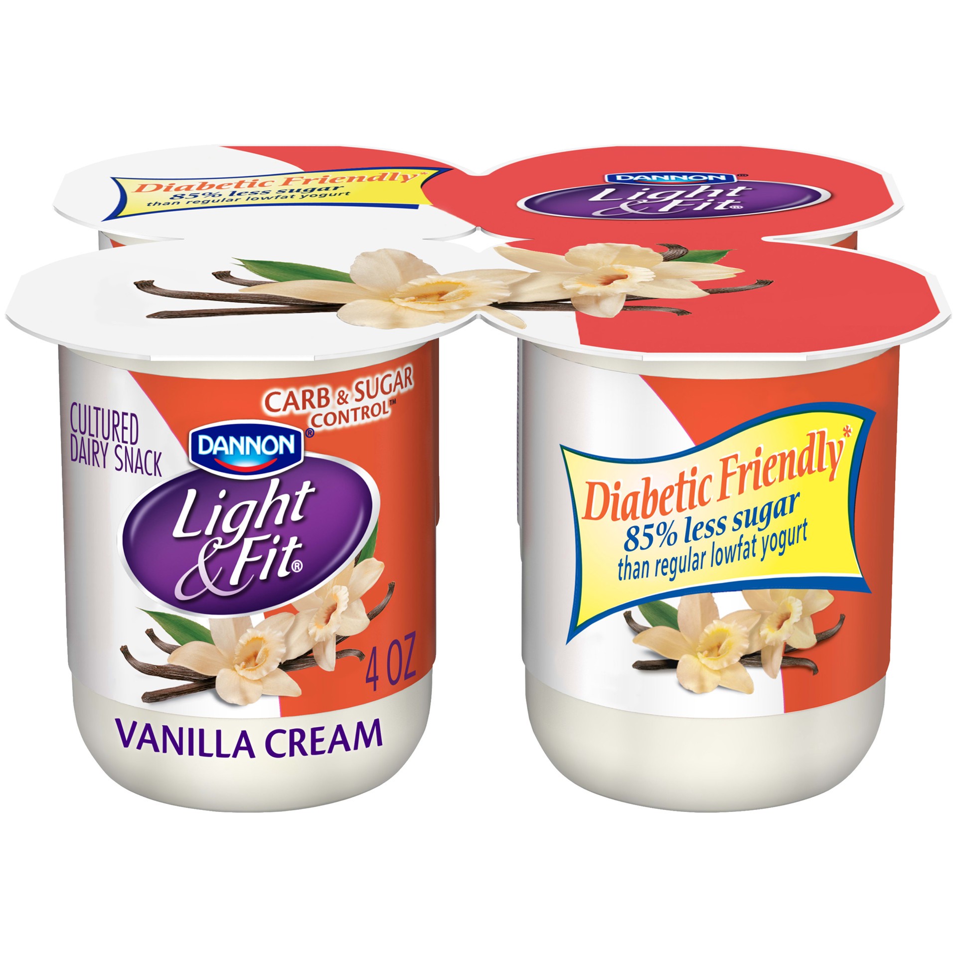 slide 1 of 8, Light + Fit Dannon Light + Fit Carb & Sugar Control Cultured Dairy Snack, Vanilla Cream, Gluten-Free, 0g Added Sugar*, 4 oz., 4 Pack, 4 oz