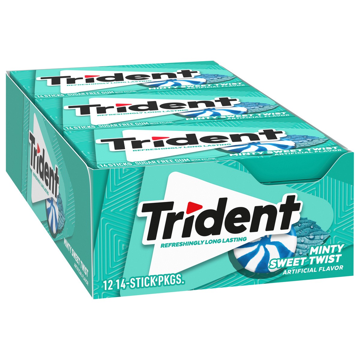 slide 5 of 9, Trident Minty Sweet Twist Sugar Free Gum, 12 Packs of 14 Pieces (168 Total Pieces), 11.26 oz