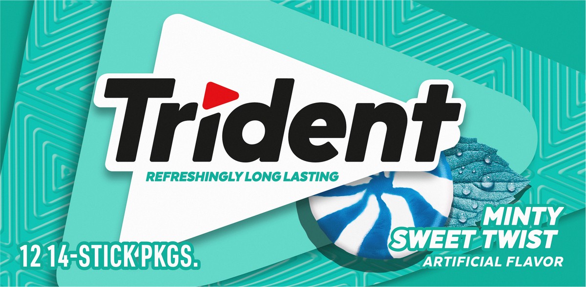 slide 3 of 9, Trident Minty Sweet Twist Sugar Free Gum, 12 Packs of 14 Pieces (168 Total Pieces), 11.26 oz