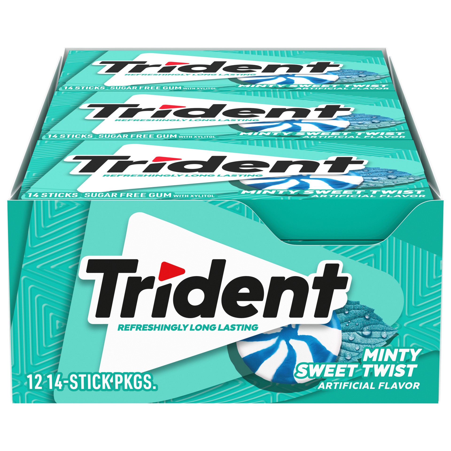 slide 1 of 9, Trident Minty Sweet Twist Sugar Free Gum, 12 Packs of 14 Pieces (168 Total Pieces), 11.26 oz