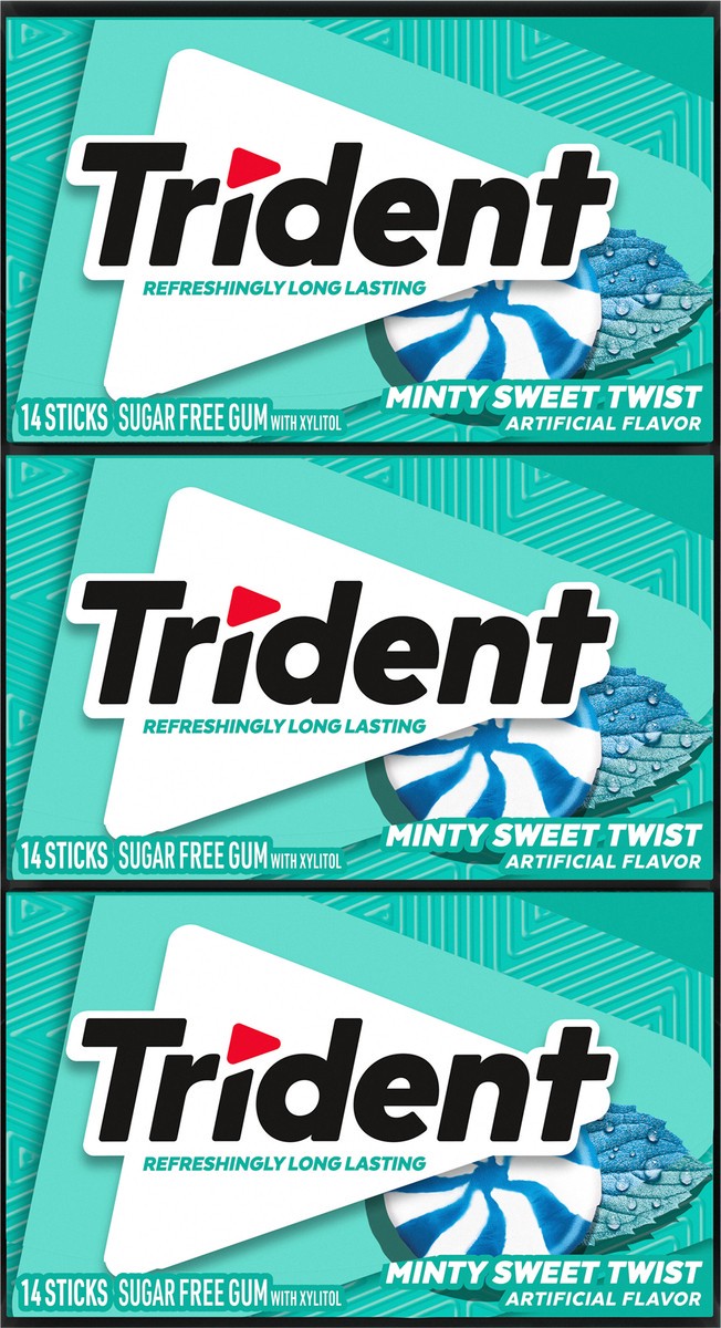 slide 7 of 9, Trident Minty Sweet Twist Sugar Free Gum, 12 Packs of 14 Pieces (168 Total Pieces), 11.26 oz