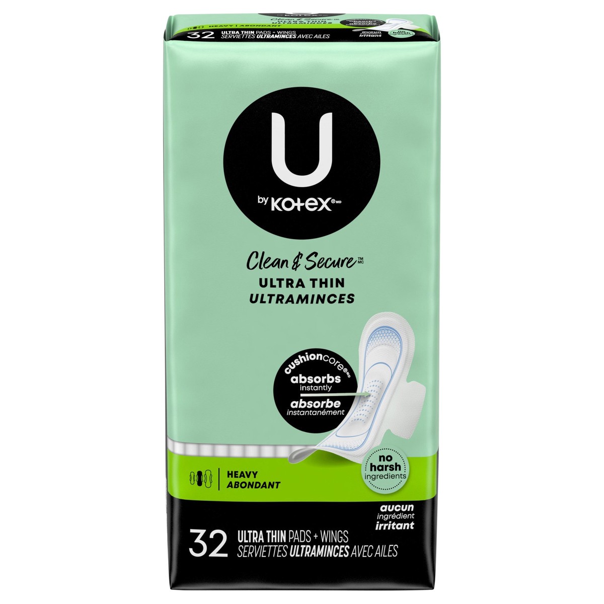 slide 1 of 9, U by Kotex Clean & Secure Ultra Thin Pads with Wings, Heavy Absorbency, 32 Count, 32 ct