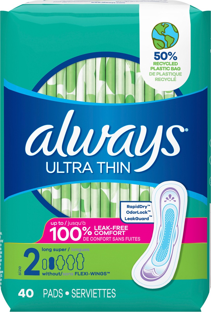 slide 2 of 2, Always Ultra Thin Feminine Pads without Wings for Women, Size 2, Long Super Absorbency, Unscented, 40 Count, 40 ct
