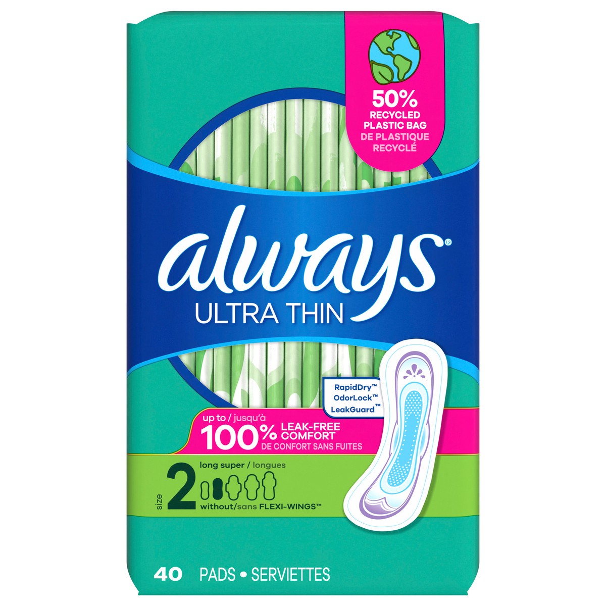 slide 1 of 2, Always Ultra Thin Feminine Pads without Wings for Women, Size 2, Long Super Absorbency, Unscented, 40 Count, 40 ct