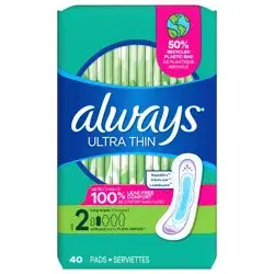 Always Ultra Thin Feminine Pads without Wings for Women, Size 2, Long Super Absorbency, Unscented, 40 Count