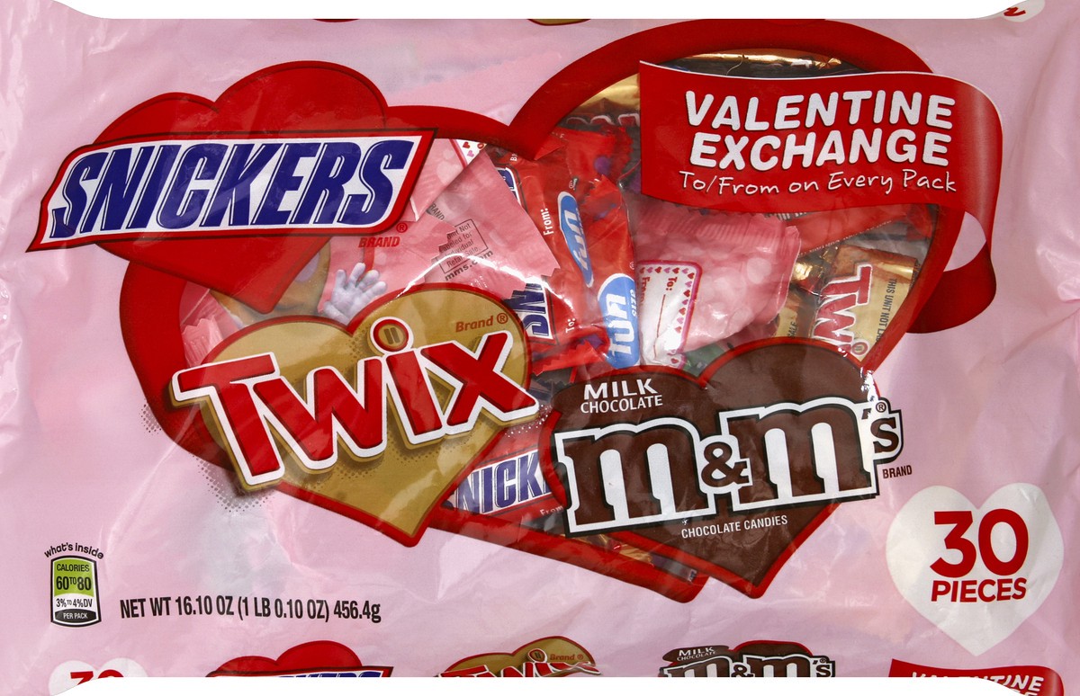 slide 4 of 6, Mixed M&M'S, SNICKERS & TWIX Valentine Exchange Fun Size Candy Variety Mix 16.1-Ounce 30-Piece Bag, 16.1 oz