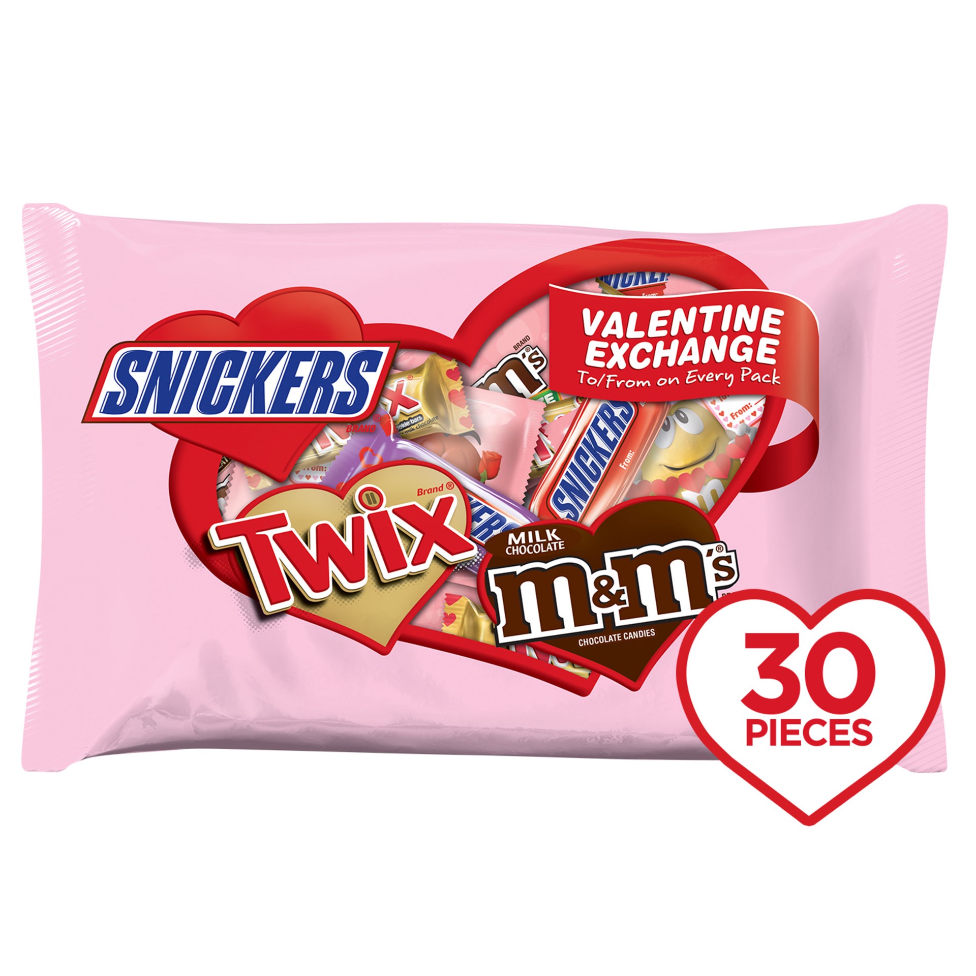 slide 1 of 6, Mixed M&M'S, SNICKERS & TWIX Valentine Exchange Fun Size Candy Variety Mix 16.1-Ounce 30-Piece Bag, 16.1 oz