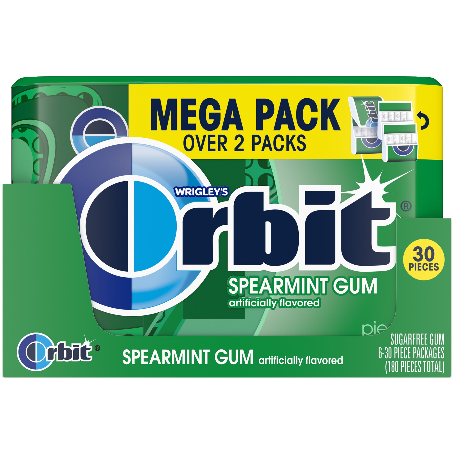 slide 1 of 1, ORBIT Spearmint Chewing Gum Sugar Free, 30 Count Pack of 6, 30 oz