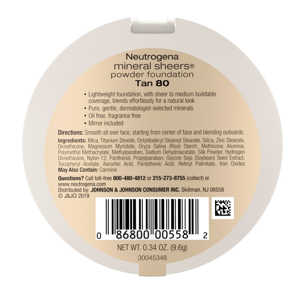 slide 13 of 16, Neutrogena Mineral Sheers Compact Powder Foundation, Lightweight & Oil-Free Mineral Foundation, Fragrance-Free, Tan 80,.34 oz, 0.34 oz