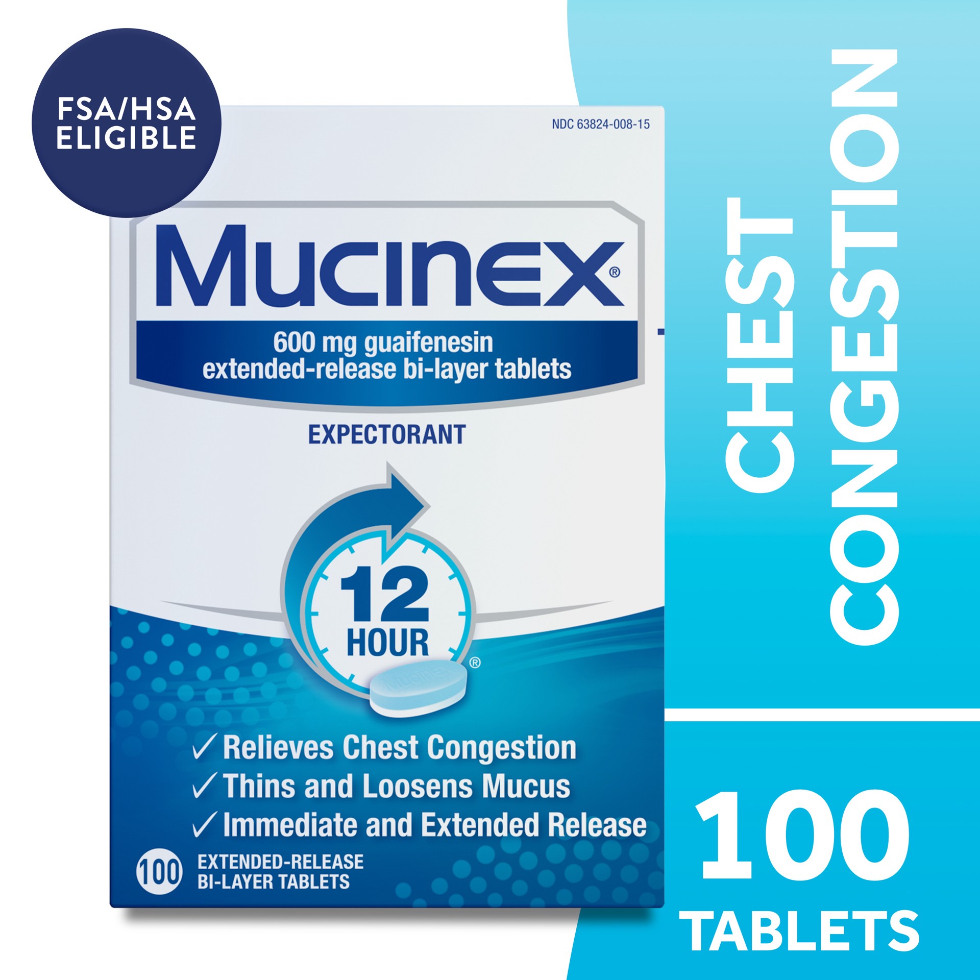 slide 1 of 5, Mucinex Chest Congestion, Mucinex Expectorant 12 Hour Extended Release Tablets, 100ct, 600 mg Guaifenesin with Extended Relief of Chest Congestion Caused by Excess Mucus. Thins and Loosens Mucus, 100 ct