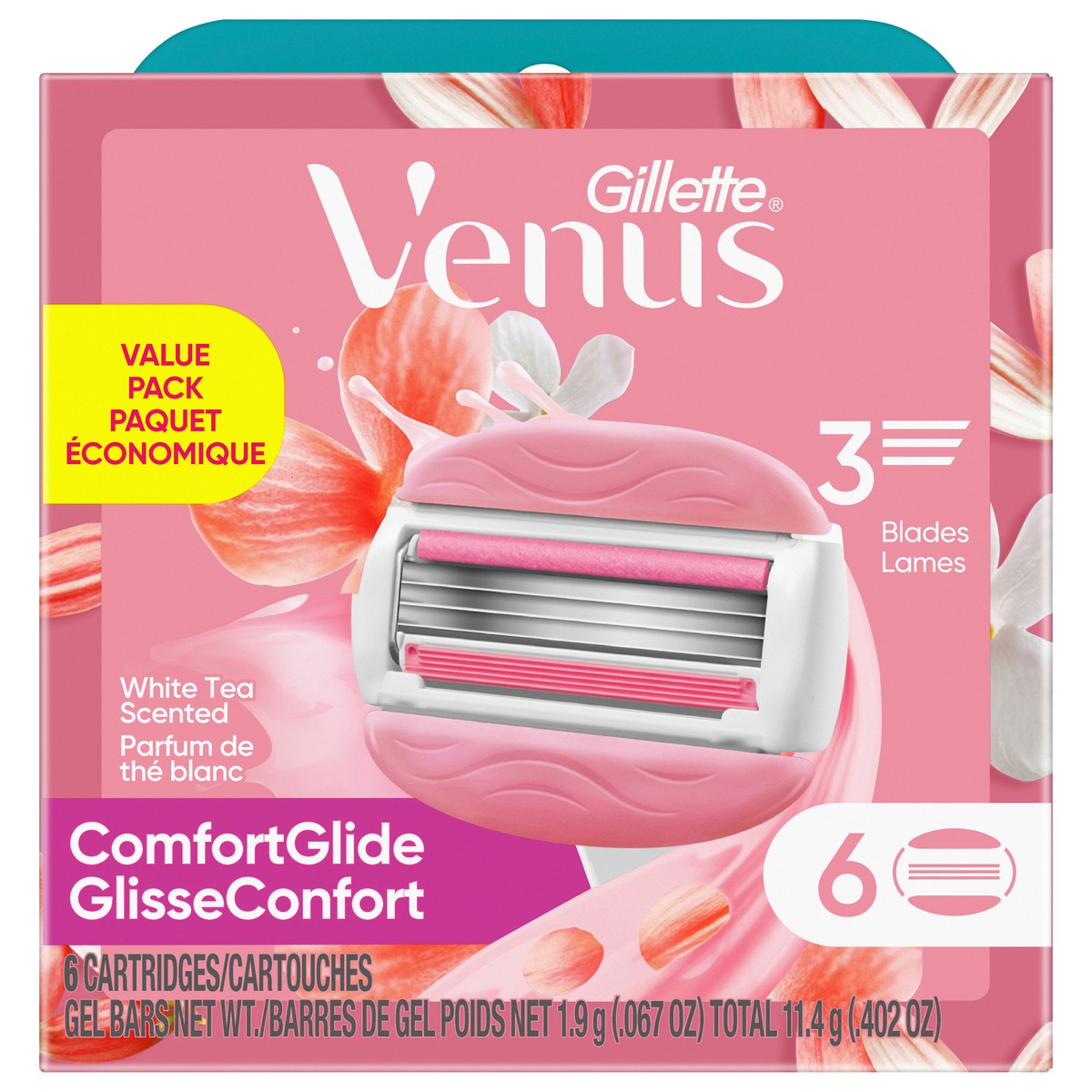 slide 1 of 2, Gillette Venus ComfortGlide White Tea Women's Razor Blades\, with Built-in Shave Gel Bars\, 6 Razor Blade Refills, 6 ct