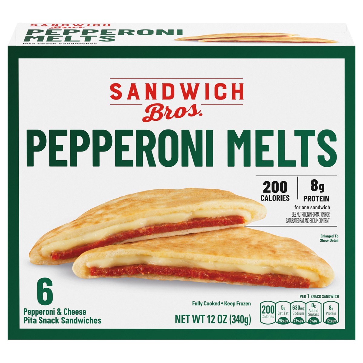 slide 1 of 5, Sandwich Bros. Sandwich Bros Pepperoni and Cheese Melt, Frozen Pita Pocket Sandwiches, Frozen Meal, 6 Count, 12 oz, 6 ct