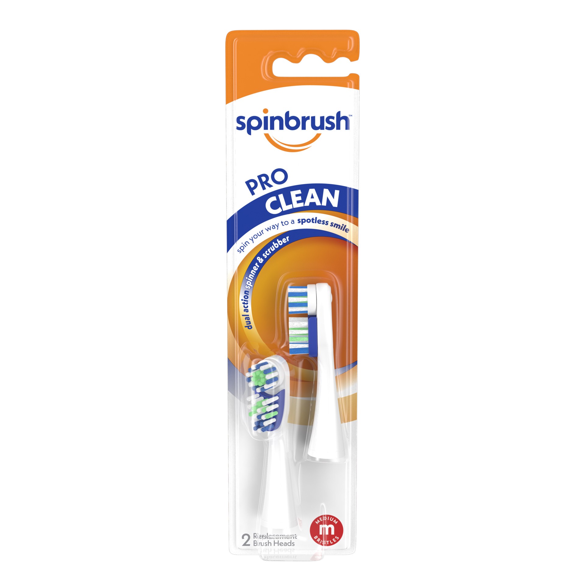 slide 1 of 3, Spinbrush PRO CLEAN Refill, Medium Bristles, Includes 2 Replacement Heads for Battery Powered Toothbrushes, 2 ct