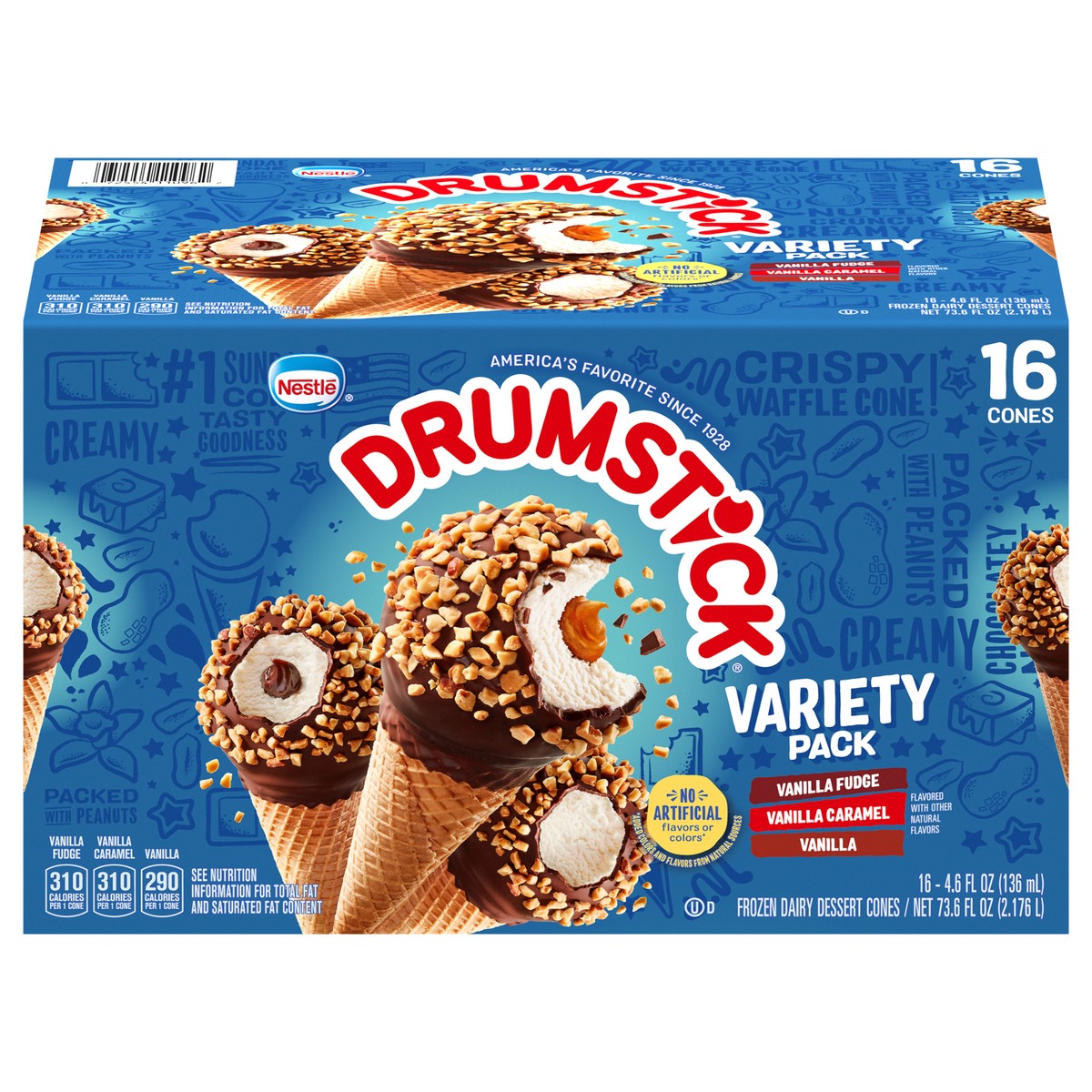slide 1 of 9, Drumstick Vanilla Fudge/Vanilla Caramel/Vanilla Frozen Dairy Dessert Cones Variety Pack 16 - 4.6 fl oz Cones, 16 ct