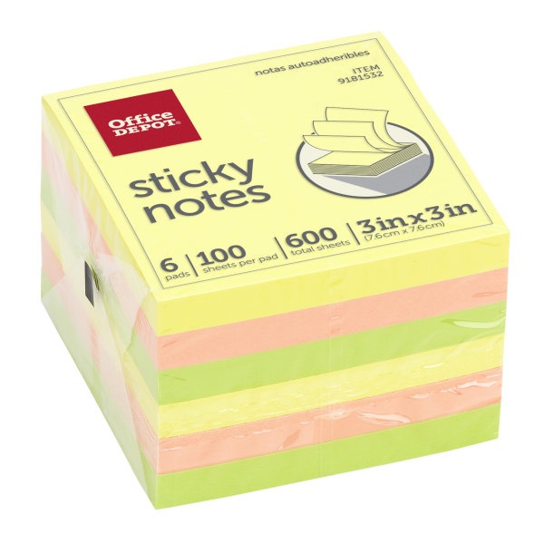 slide 1 of 3, Office Depot Brand Sticky Notes, 3'' X 3'', Assorted Bright Colors, 100 Sheets Per Pad, Pack Of 6 Pads, 6 ct