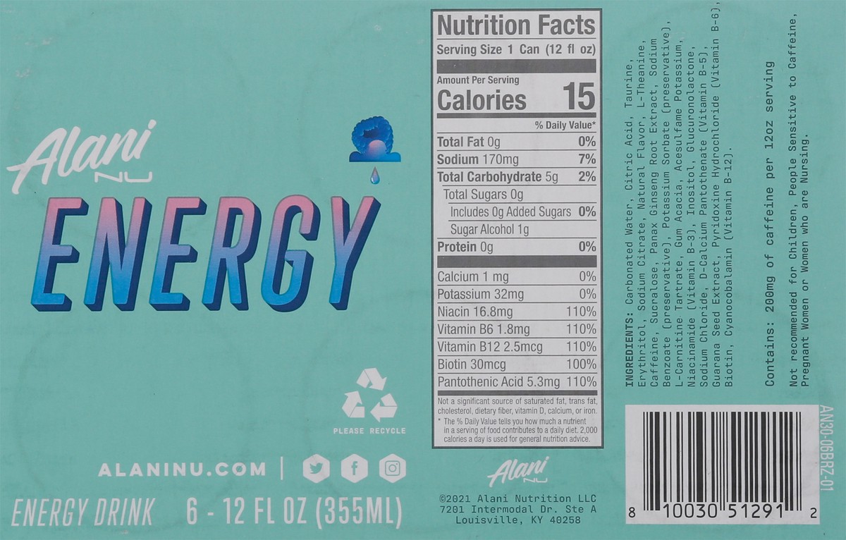 slide 4 of 9, Alani Nu Breezeberry Energy Drink 6 - 12 fl oz Cans, 6 ct