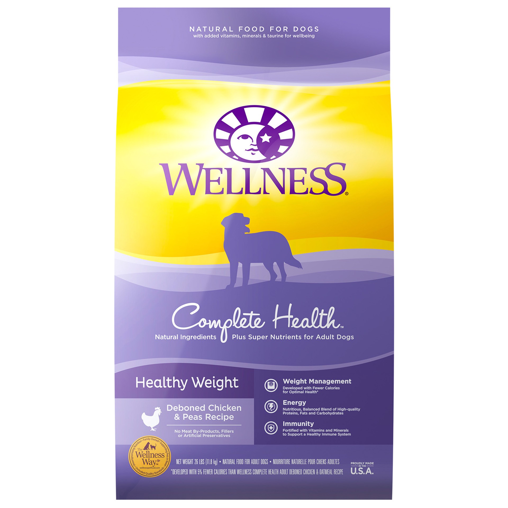 slide 1 of 5, Wellness Complete Health Natural Dry Healthy Weight Dog Food, Chicken & Peas, 26-Pound Bag, 26 lb