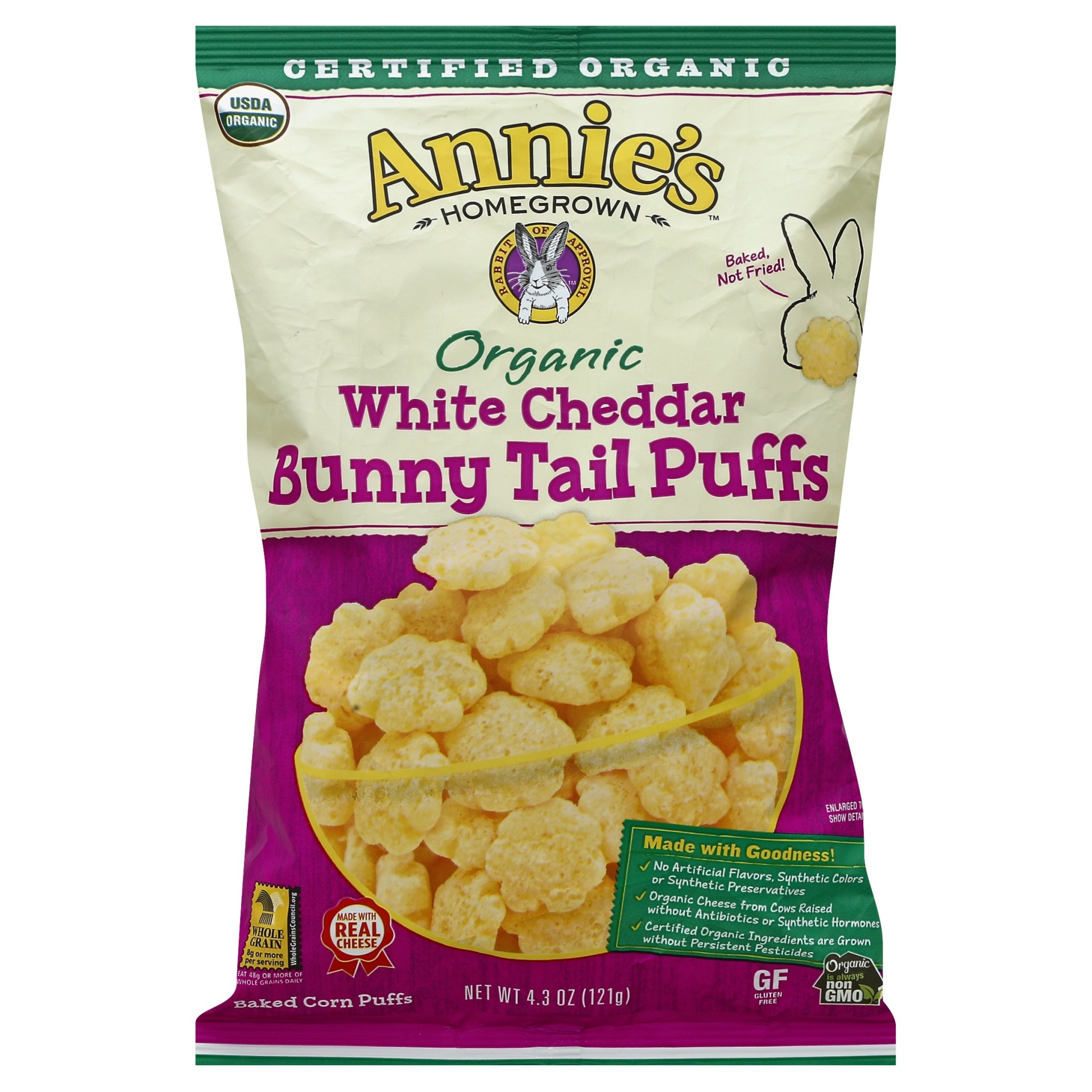 slide 1 of 1, Annie's Homegrown White Cheddar Bunny Tail Puffs, 4.3 oz