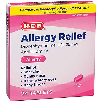 slide 1 of 1, H-E-B Antihistamine Allergy Diphenhydramine HCI 25 mg Tablets, 24 ct