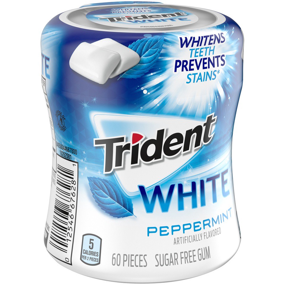 slide 9 of 9, Trident White Peppermint Sugar Free Gum, 60 Piece Bottle, 0.18 lb