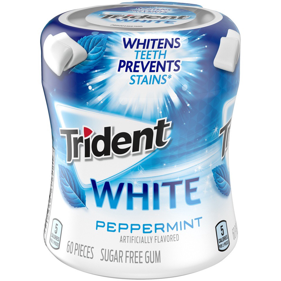 slide 2 of 9, Trident White Peppermint Sugar Free Gum, 60 Piece Bottle, 0.18 lb