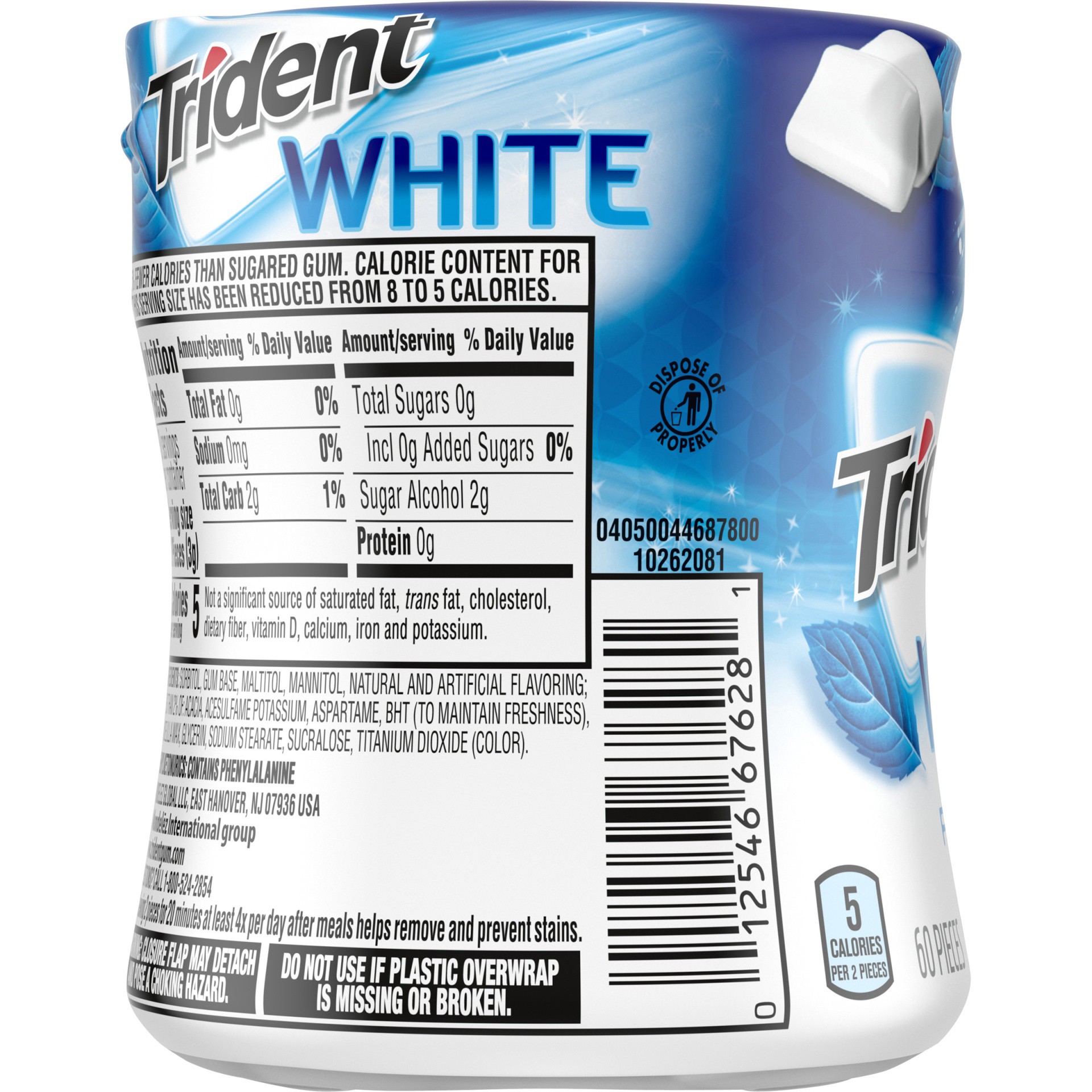 slide 4 of 9, Trident White Peppermint Sugar Free Gum, 60 Piece Bottle, 0.18 lb