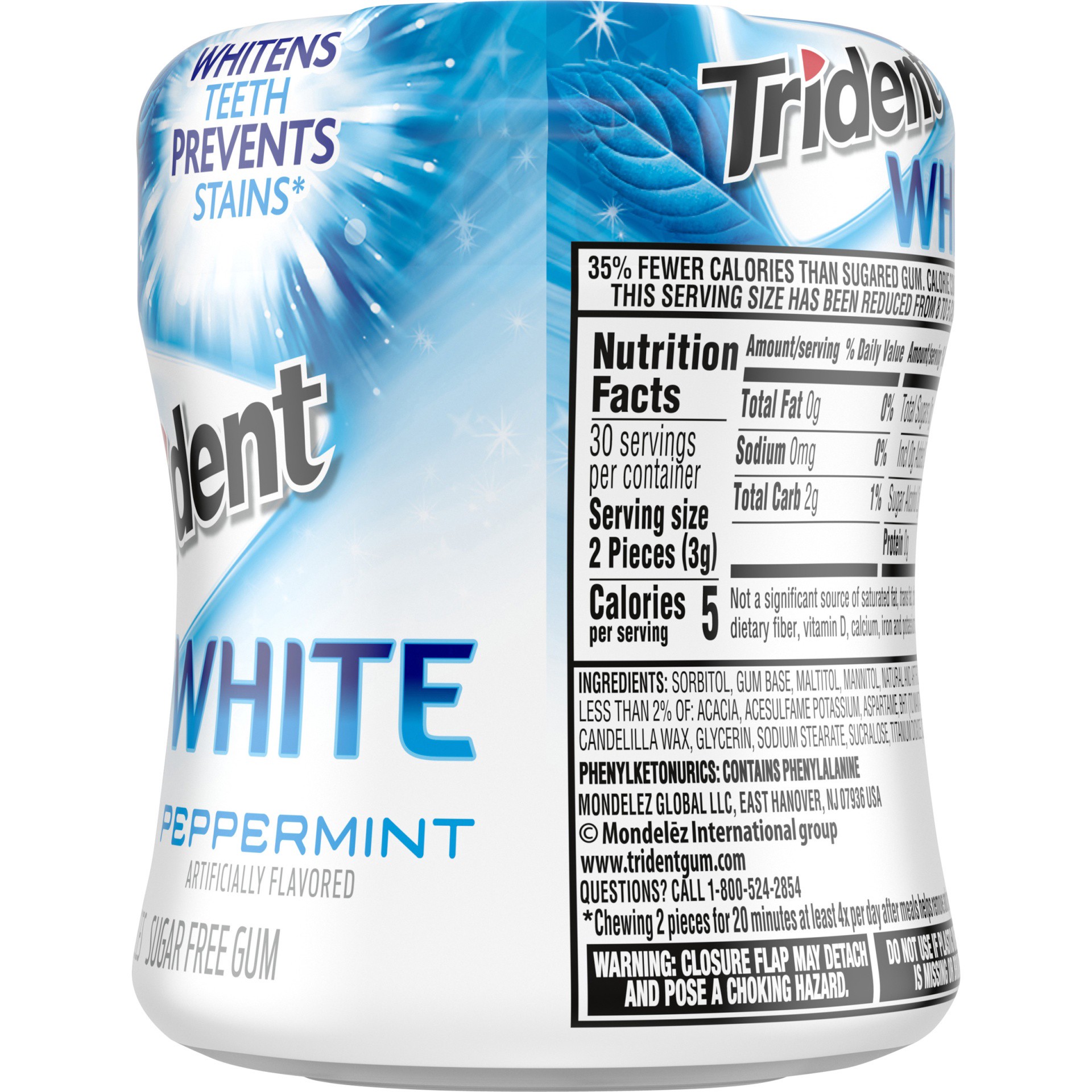 slide 3 of 9, Trident White Peppermint Sugar Free Gum, 60 Piece Bottle, 0.18 lb