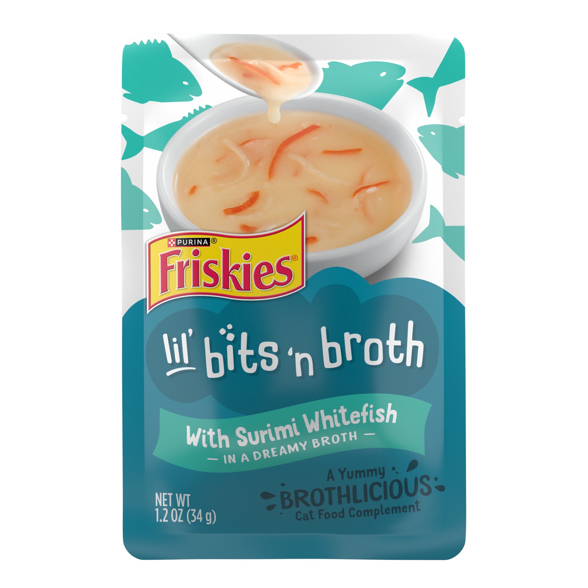 slide 1 of 7, Friskies Purina Friskies Lickable Cat Food Toppers Bits ‘n Broth With Surimi Whitefish in a Dreamy Broth, 1.2 oz