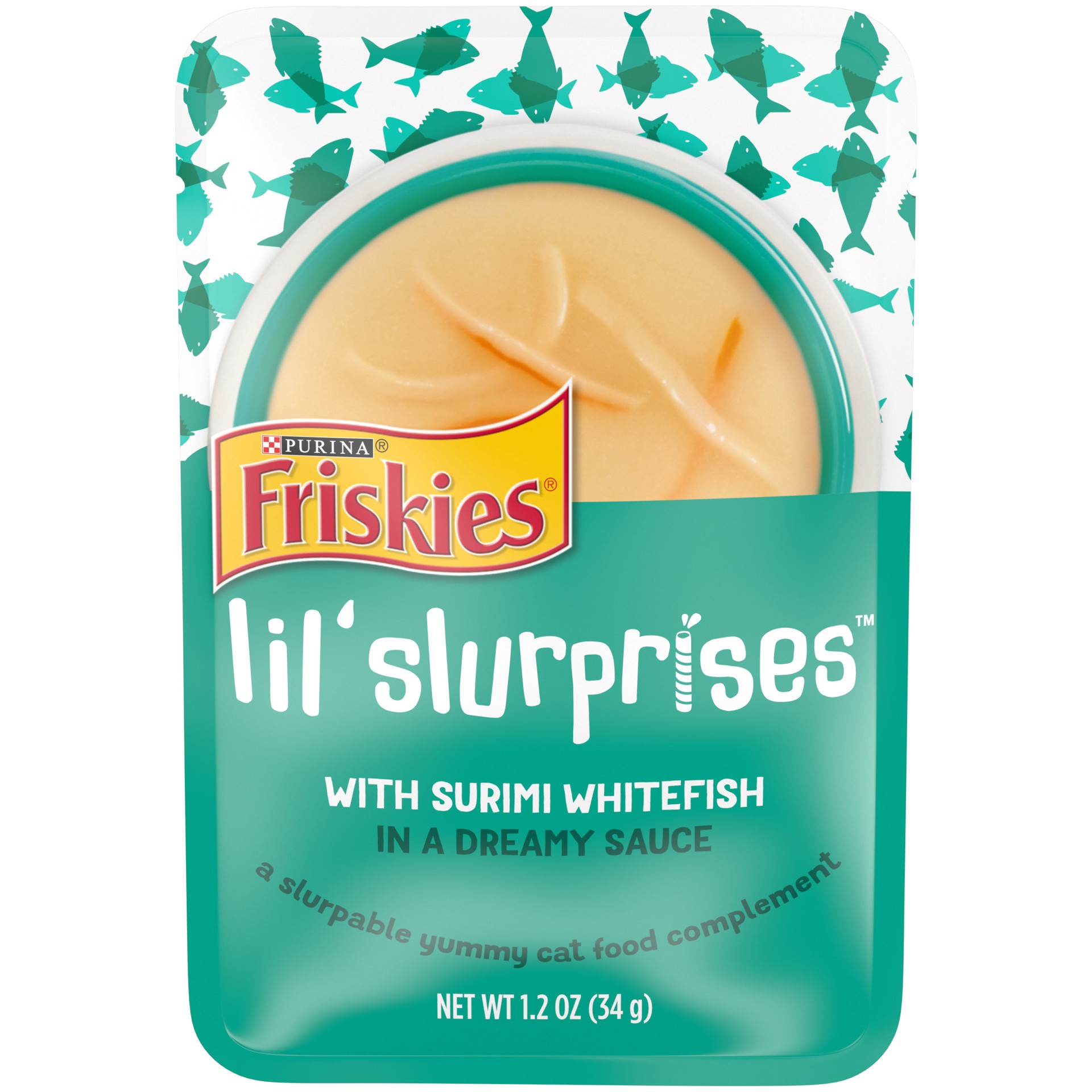 slide 1 of 7, Friskies Purina Friskies Cat Food Complement, Lil'' Slurprises With Surimi Whitefish Lickable Cat Treats, 1.2 oz