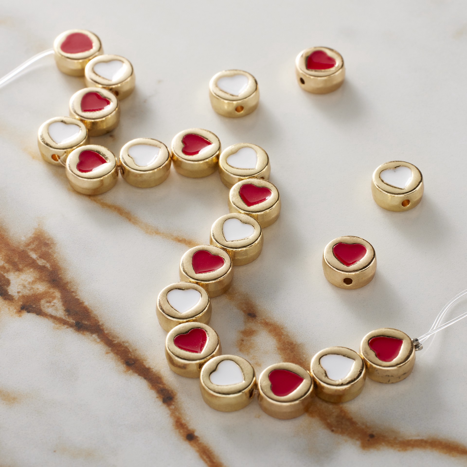 slide 2 of 3, Red & White Enamel Metal Round Heart Beads, 8mm By Bead Landing, 8mm