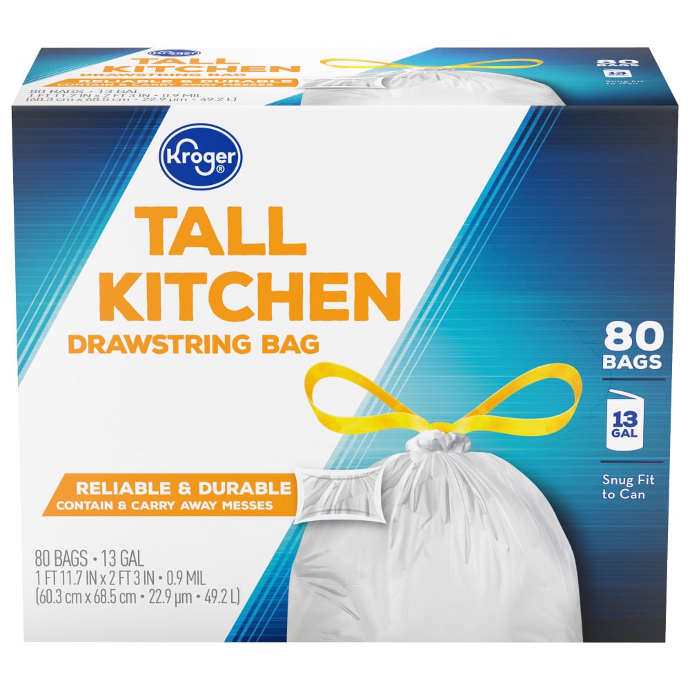 slide 1 of 2, Kroger Tall 13 Gallon Kitchen Drawstring Trash Bags, 80 ct