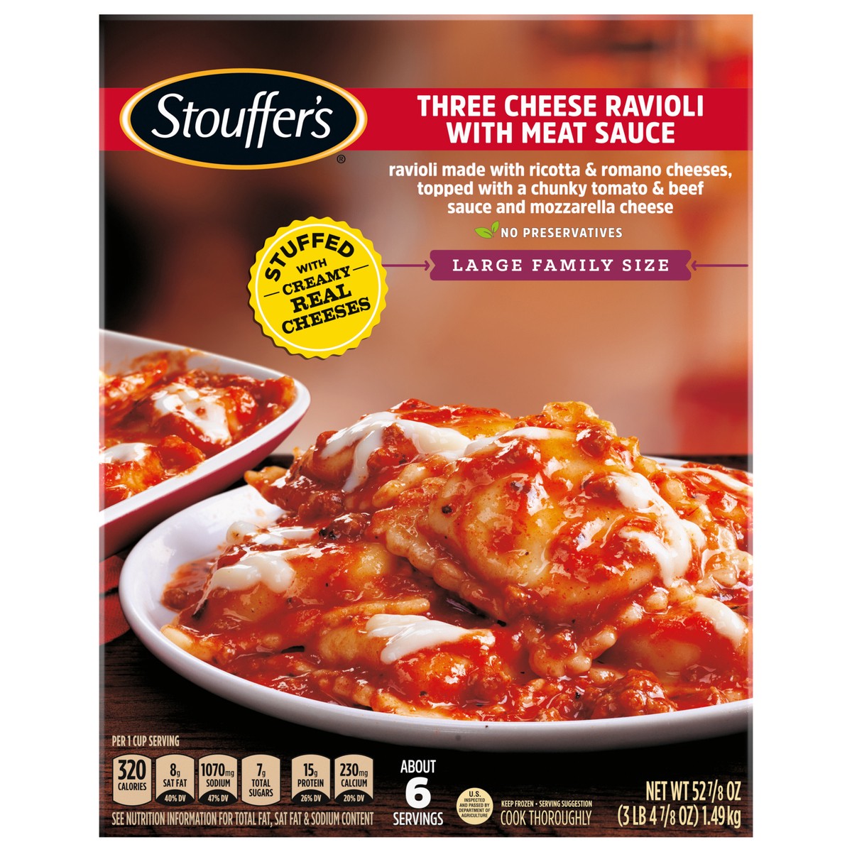 slide 1 of 15, Stouffer's Large Family Size Three Cheese Ravioli With Meat Sauce Frozen Meal, 52.88 oz