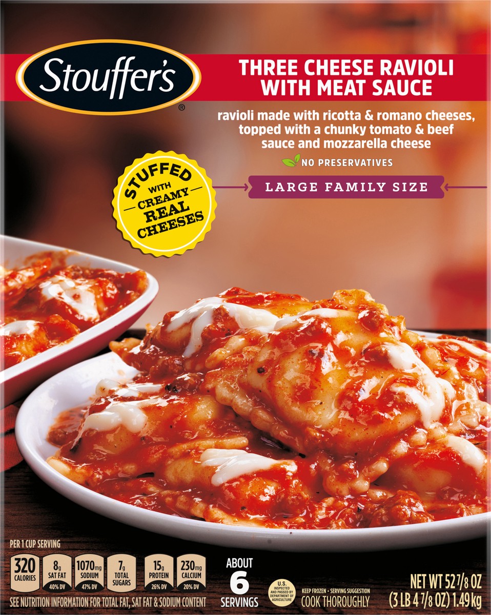 slide 13 of 15, Stouffer's Large Family Size Three Cheese Ravioli With Meat Sauce Frozen Meal, 52.88 oz