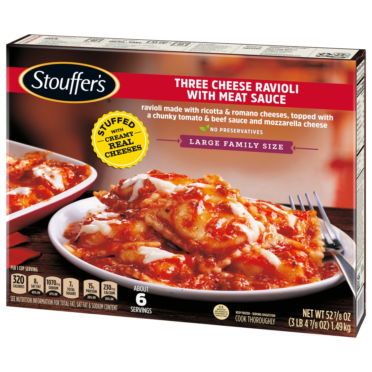 slide 15 of 15, Stouffer's Large Family Size Three Cheese Ravioli With Meat Sauce Frozen Meal, 52.88 oz