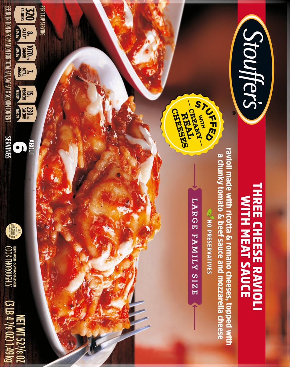 slide 4 of 15, Stouffer's Large Family Size Three Cheese Ravioli With Meat Sauce Frozen Meal, 52.88 oz