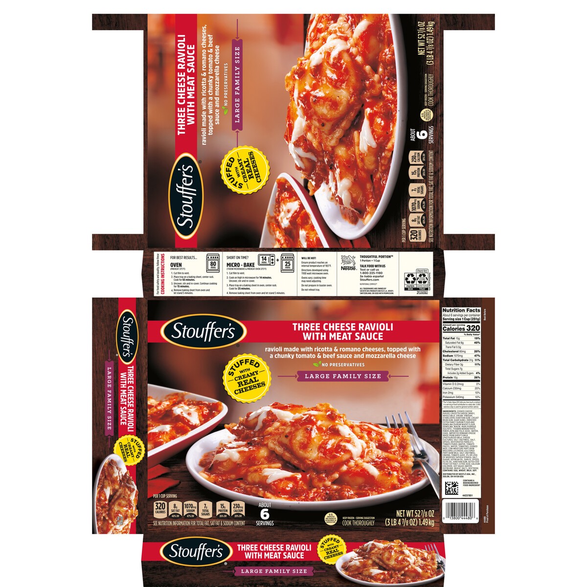 slide 6 of 15, Stouffer's Large Family Size Three Cheese Ravioli With Meat Sauce Frozen Meal, 52.88 oz