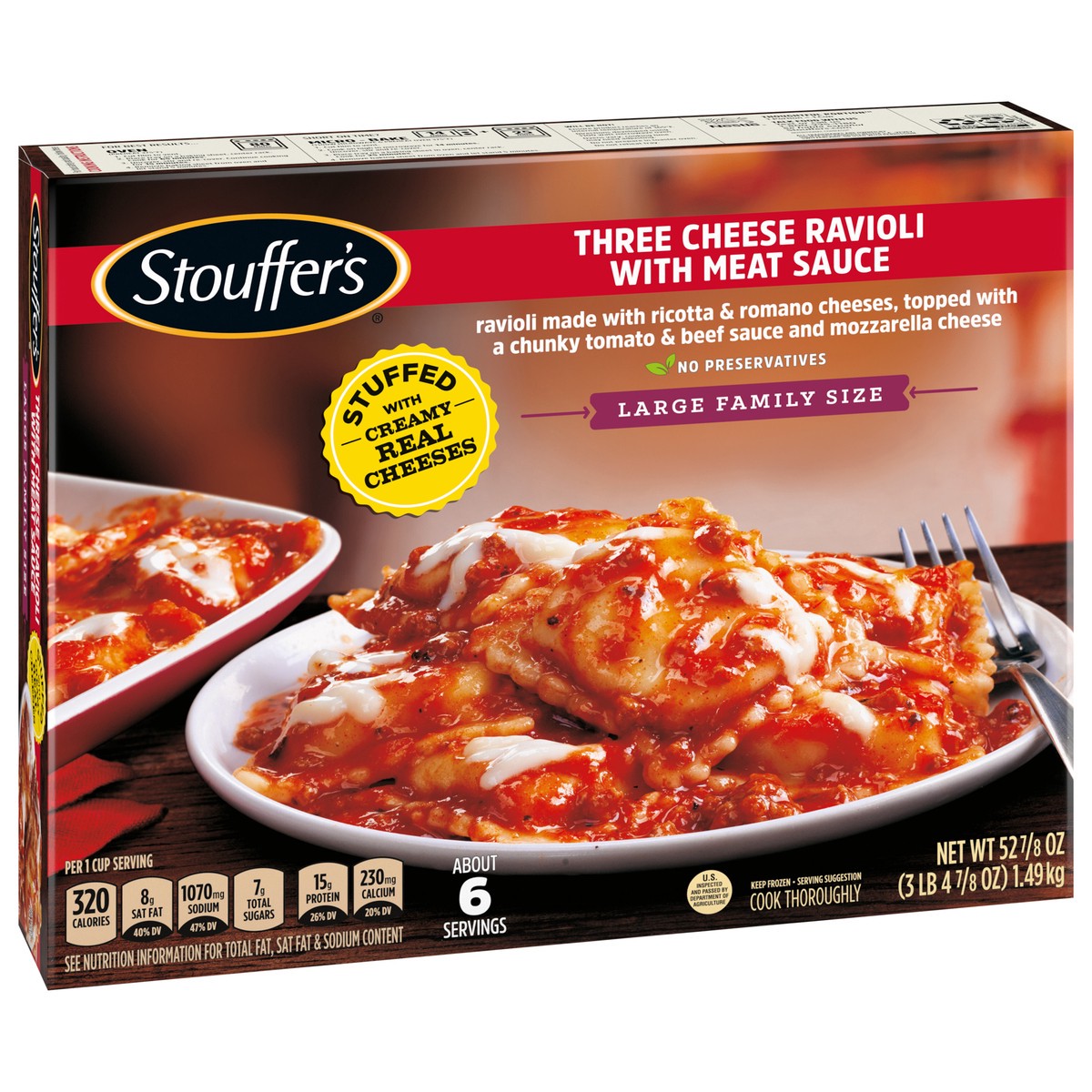 slide 9 of 15, Stouffer's Large Family Size Three Cheese Ravioli With Meat Sauce Frozen Meal, 52.88 oz