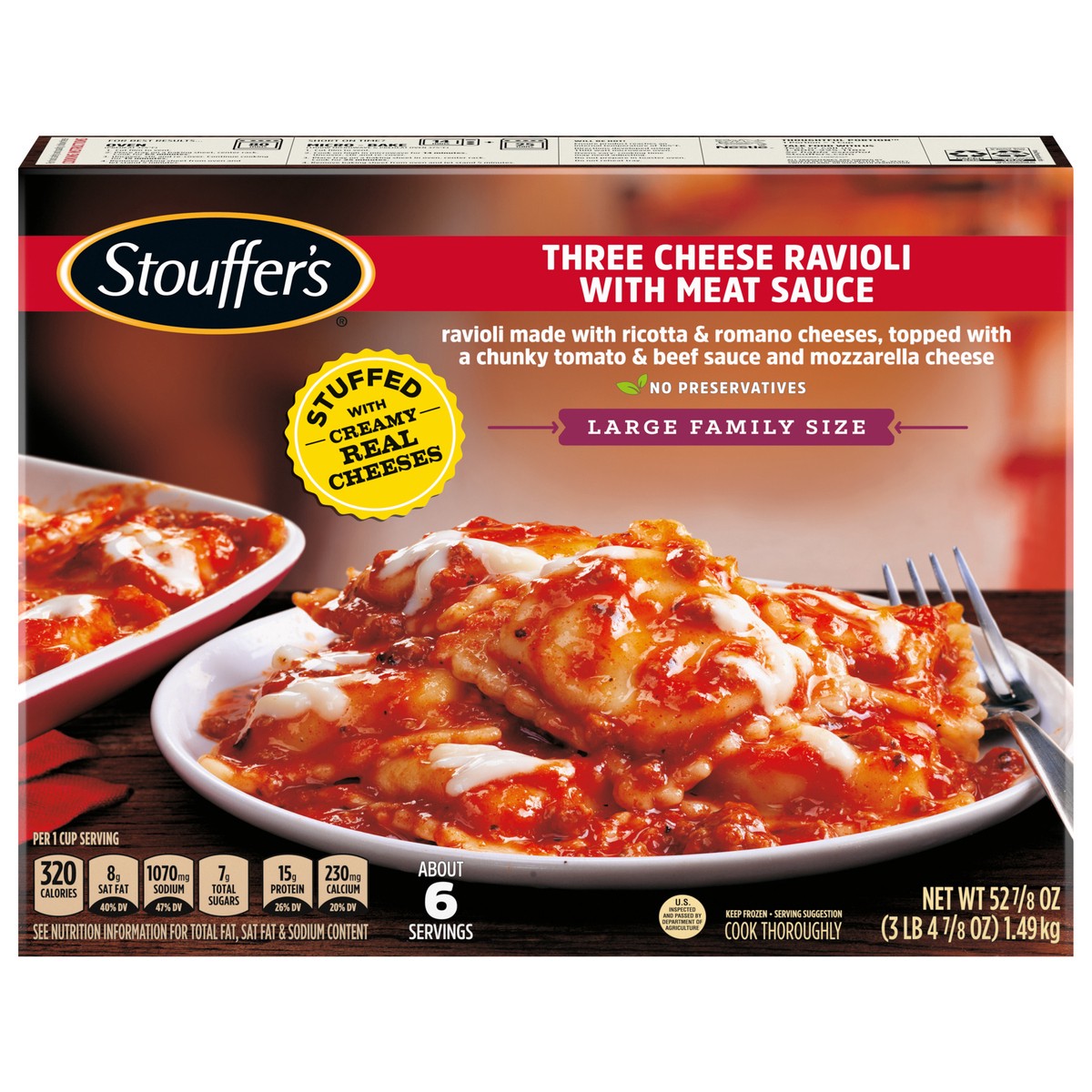 slide 10 of 15, Stouffer's Large Family Size Three Cheese Ravioli With Meat Sauce Frozen Meal, 52.88 oz