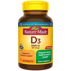 Nature Made Vitamin D3, 220 Tablets Value Size, Vitamin D 2000 IU (50 mcg) Helps Support Immune Health, Strong Bones and Teeth, & Muscle Function, 250% of Daily Value for Vitamin D in One Daily Tablet